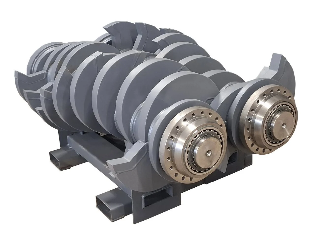 Heavy-duty Arjes Impaktor 250 shredder shafts with multiple cutting segments and large bearings, engineered for concrete and tough demolition waste.
