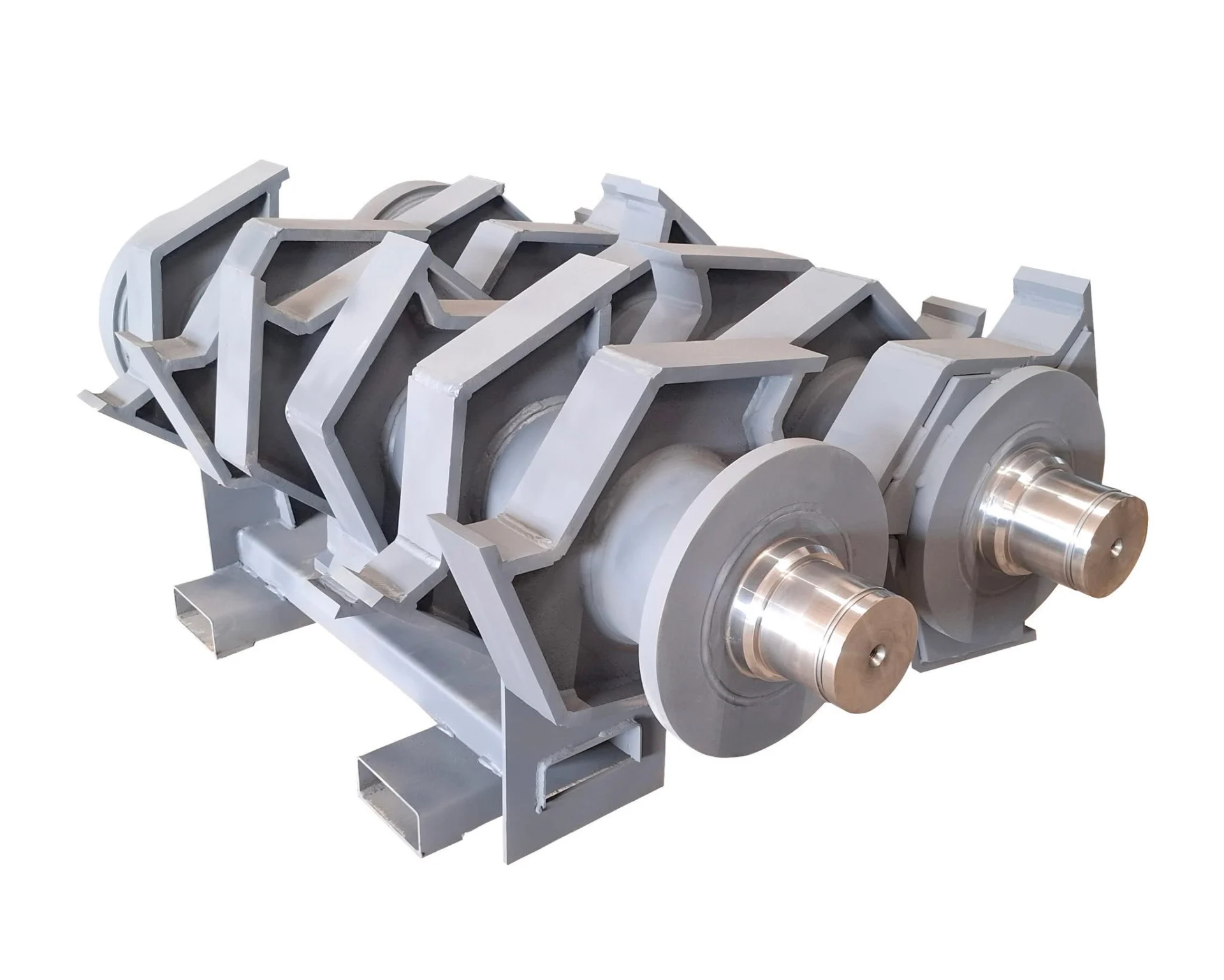 Angled view of the TEREX TDS815 industrial shredder shaft assembly, showcasing the paddle blades and solid construction ready for installation.