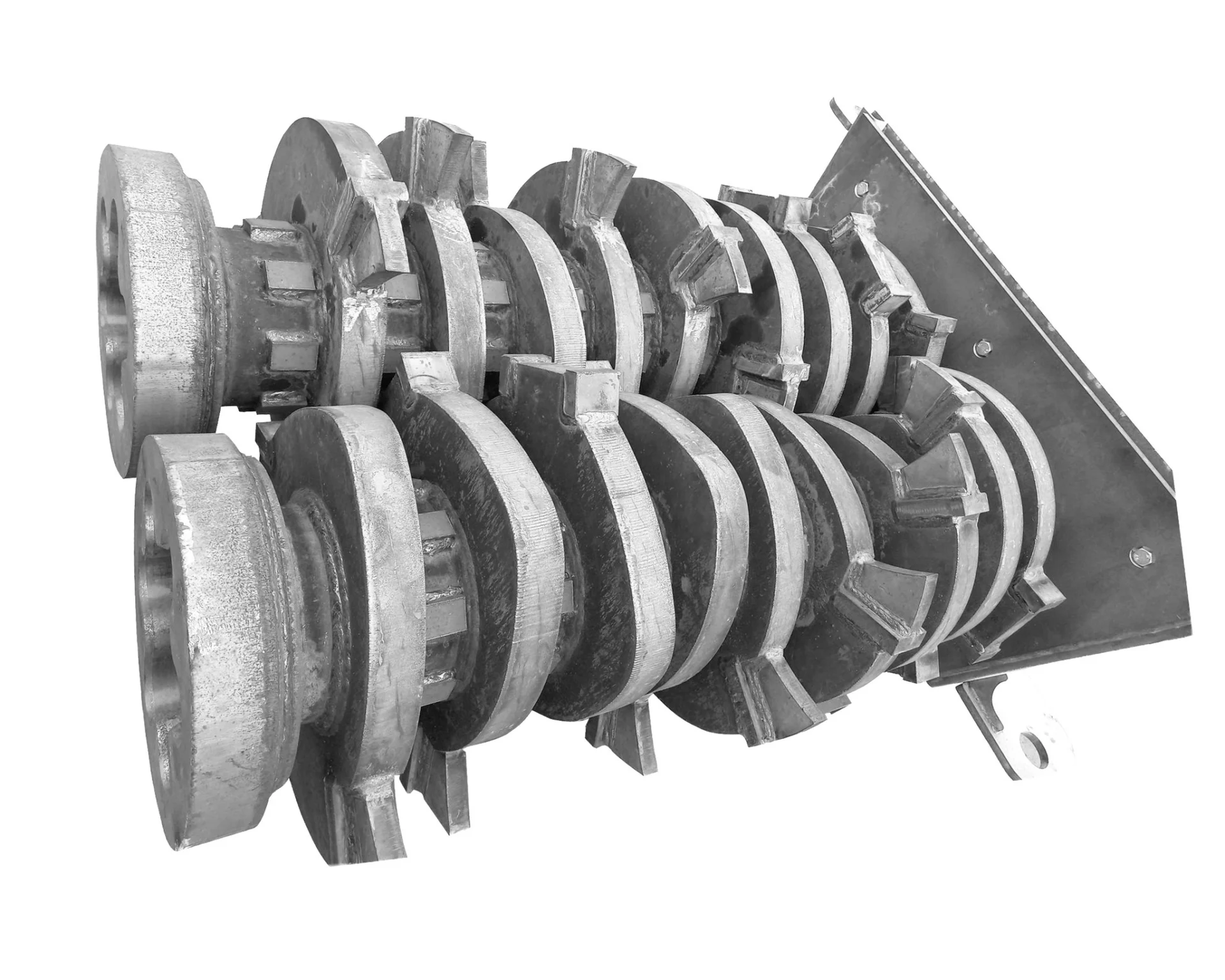 A pair of heavy-duty metal shredder shafts with multiple cutting discs and teeth, designed for industrial recycling applications.