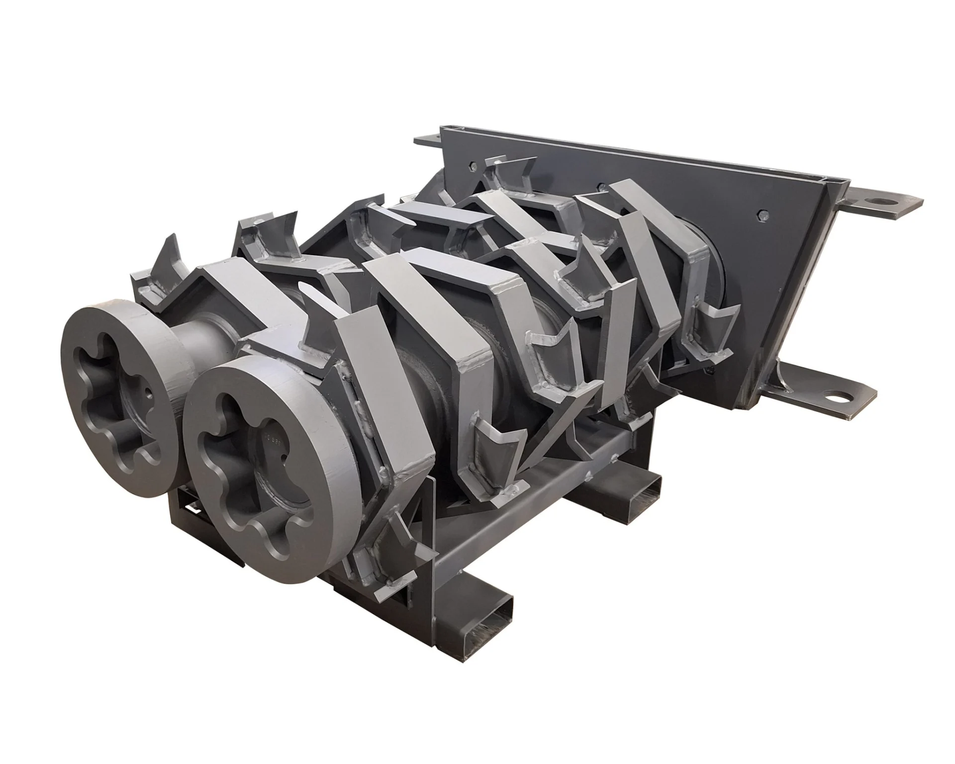 Industrial paddle and hook shredder shafts in grey, designed for Arjes 250-300 series shredders, against a white background.