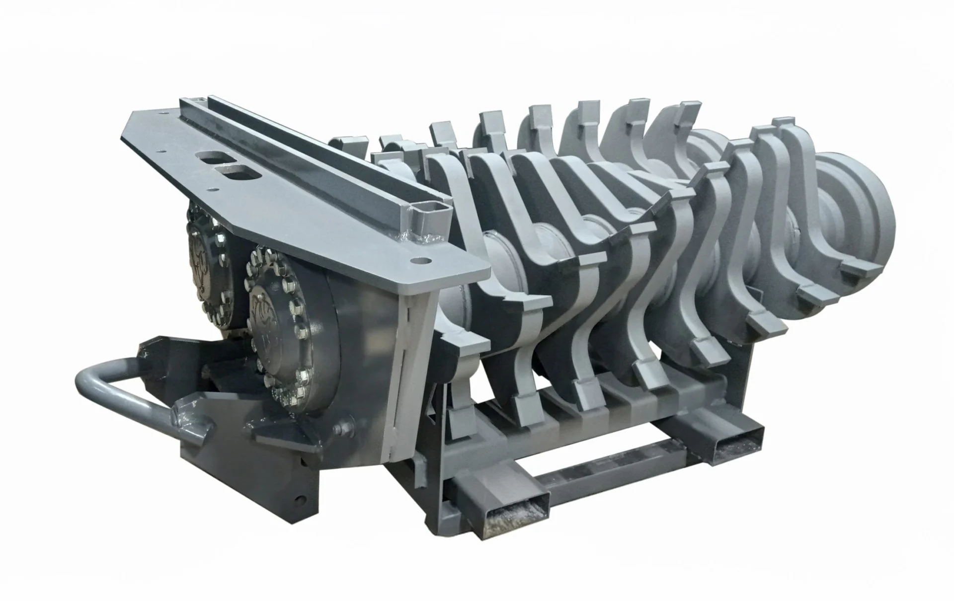 Side view of the Arjes Impaktor 250-300 STAR SHAFT 9/4, highlighting its intricate star design and heavy-duty mounting frame for industrial shredders.