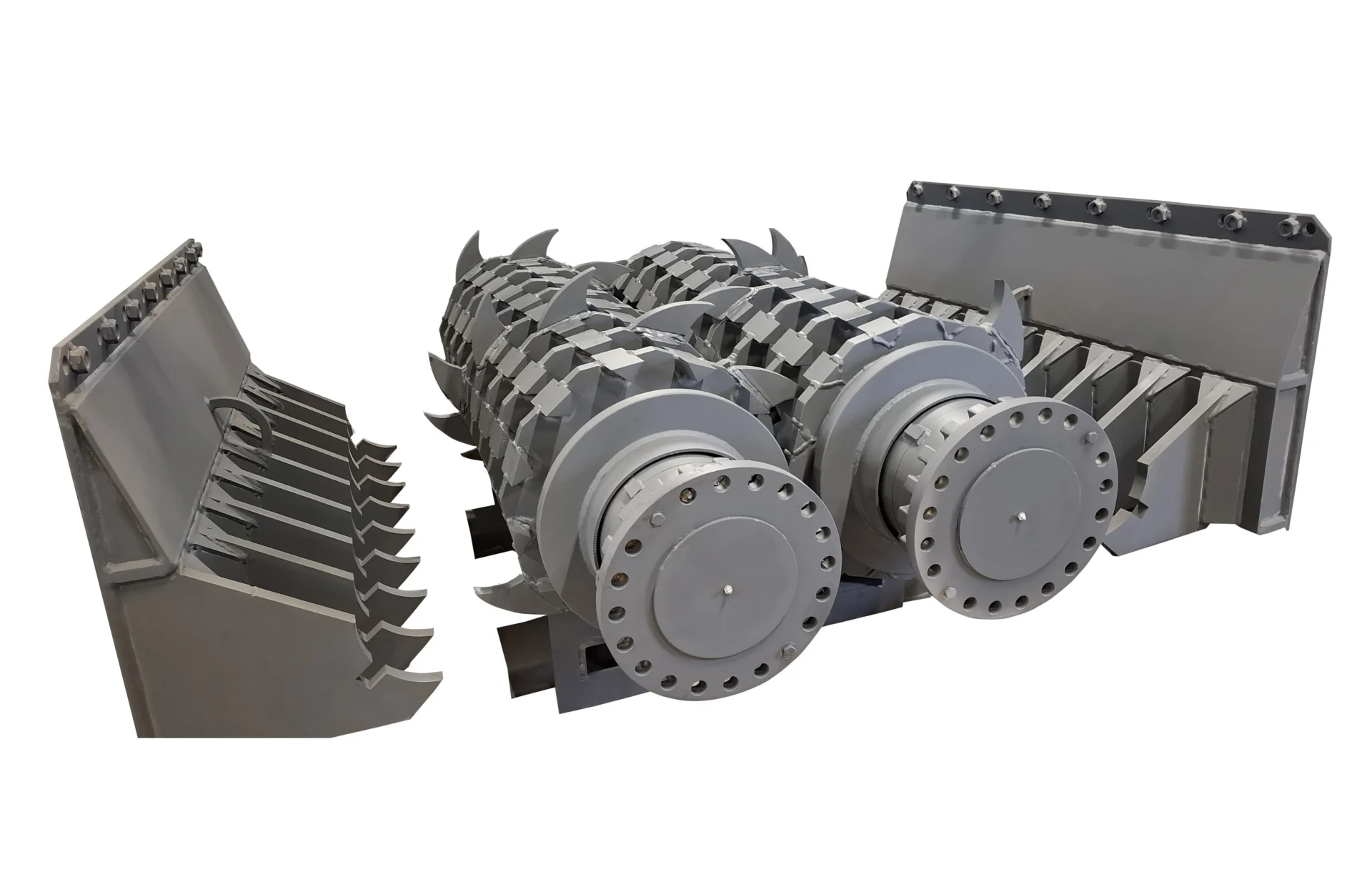 Two large, gray industrial shredder T-shaft assemblies with robust cutting teeth and end flanges, designed for heavy-duty material processing.