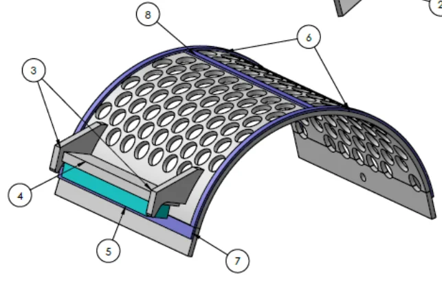 Technical diagram of a Lindner Micromat 2000/2500 Plus shredder screen, made from 16mm Hardox 450 steel, showing its curved, perforated design and structural components.
